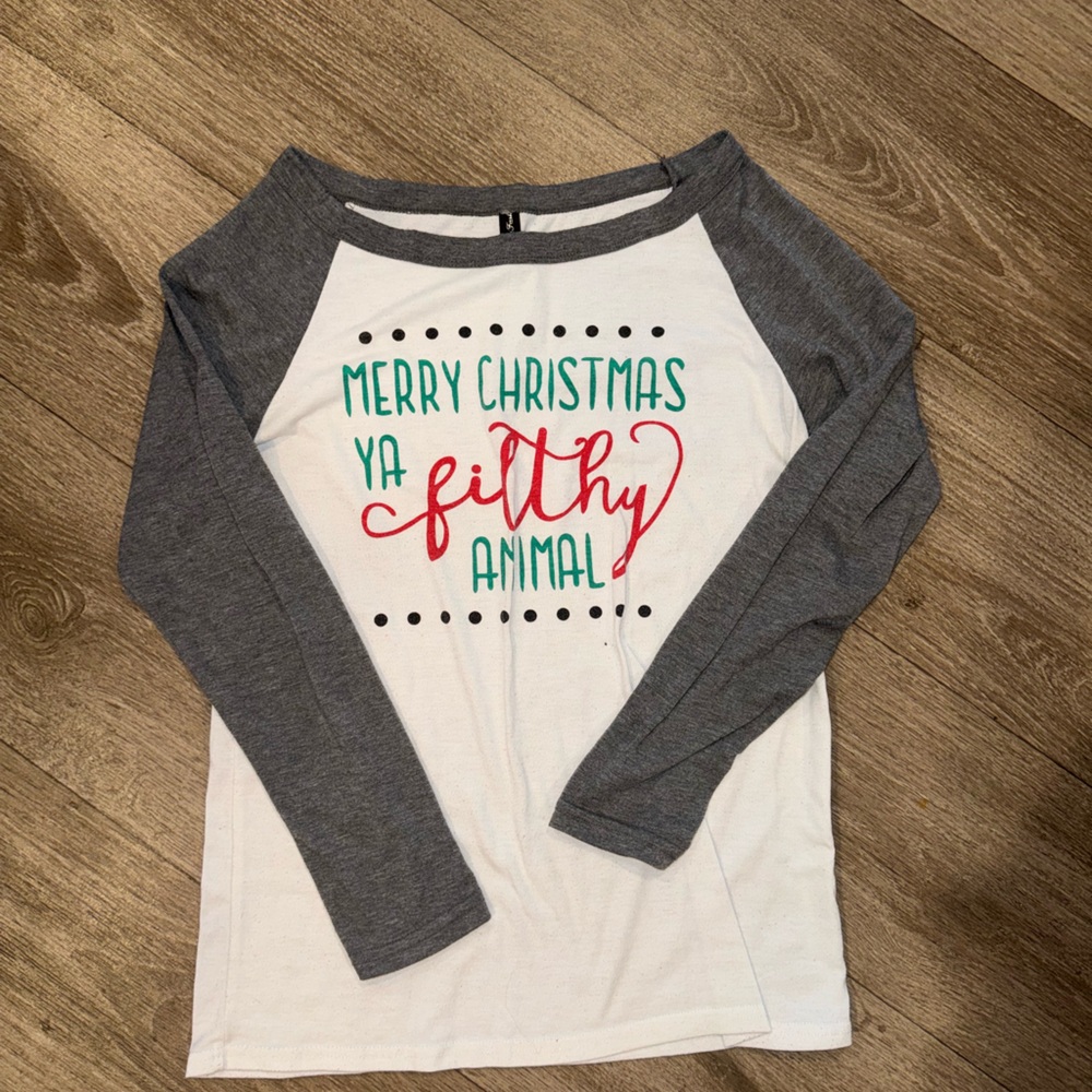 Gray and White Long Sleeve Christmas Top
